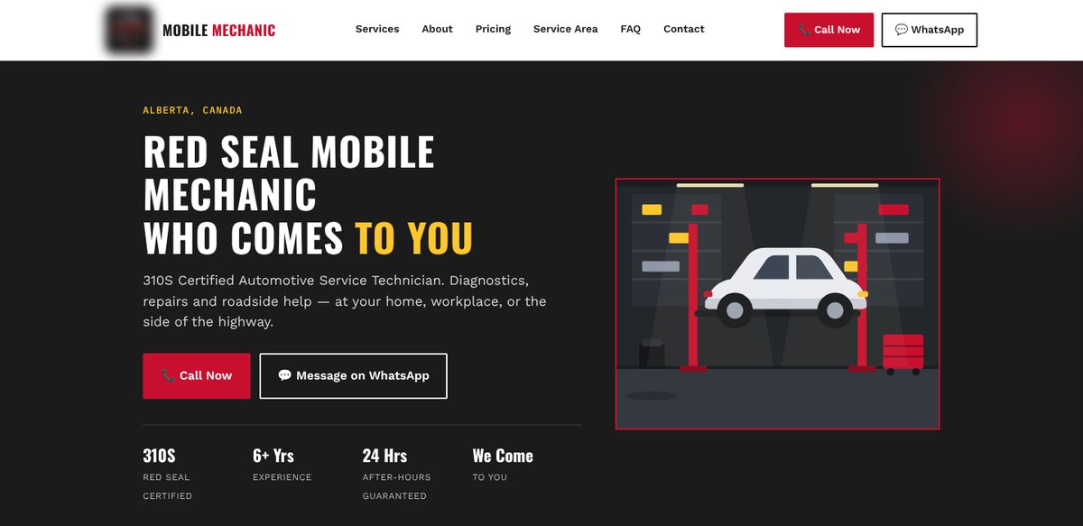 Homepage of a mobile mechanic website, with business details hidden